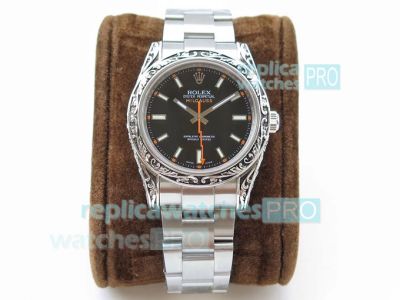 GG Factory Replica Rolex Milgauss Watch Black Dial SS Carving Art Bezel 